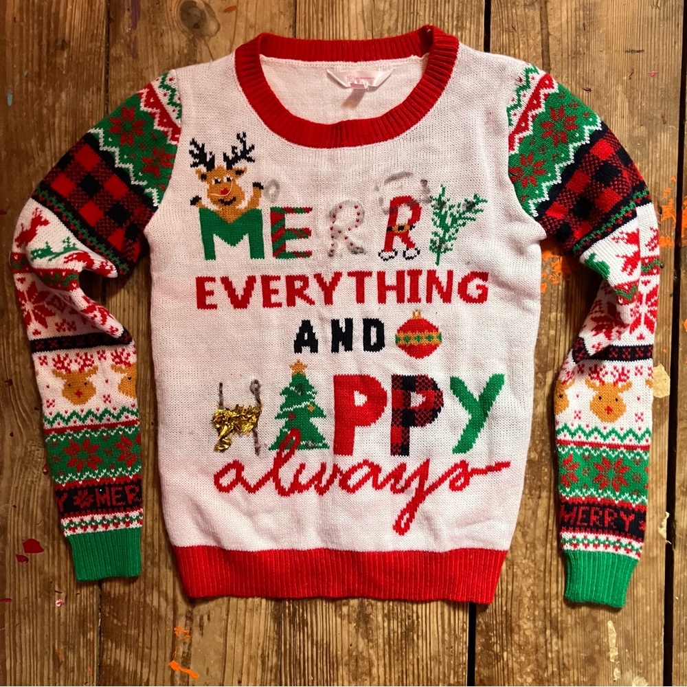 Festive Christmas Sweater with Reindeer and Holiday Patterns